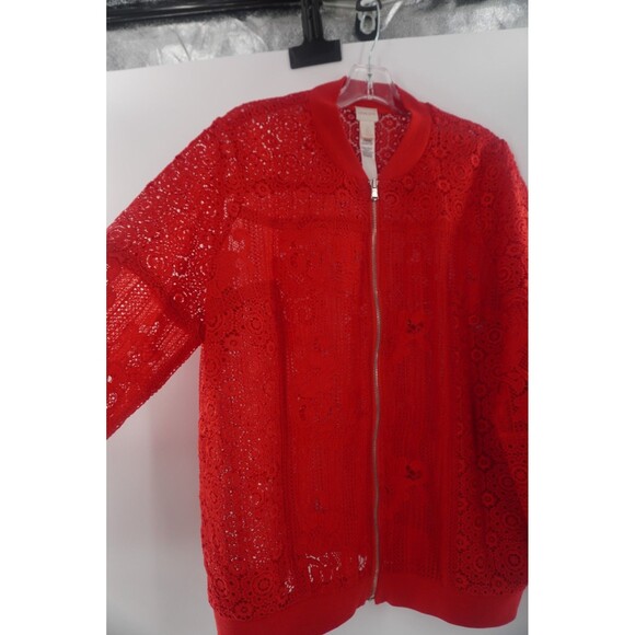Chico's Women's Cherry Red Thick Floral Lace Crochet Zip Jacket Bomber Size L/2 - Picture 2 of 11